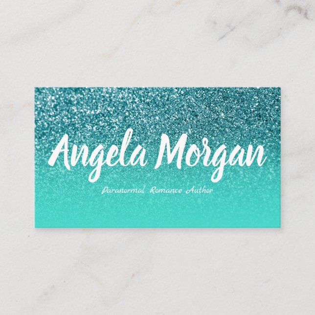 Turquoise Ombre Teal Glitter Photo Author Business Card (Front)