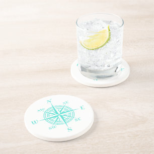 Turquoise On White Coastal Decor Compass Rose Coaster