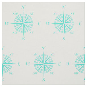 Turquoise On White Coastal Decor Compass Rose Fabric