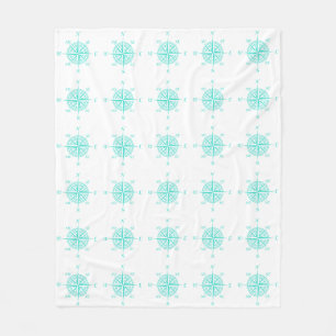 Turquoise On White Coastal Decor Compass Rose Fleece Blanket