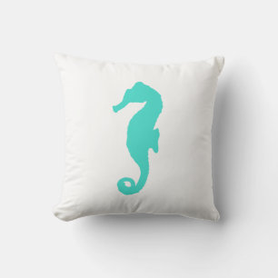 Turquoise On White Coastal Decor Seahorse Cushion