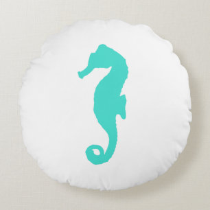 Turquoise On White Coastal Decor Seahorse Round Cushion