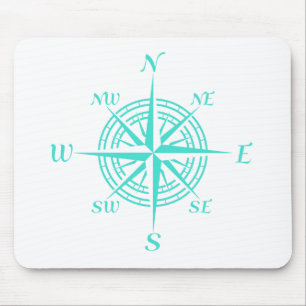 Turquoise On White Compass Rose Mouse Mat