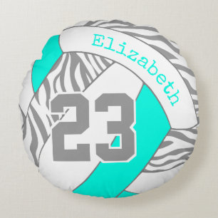 turquoise or ANY COLOR w grey zebra volleyball Round Cushion