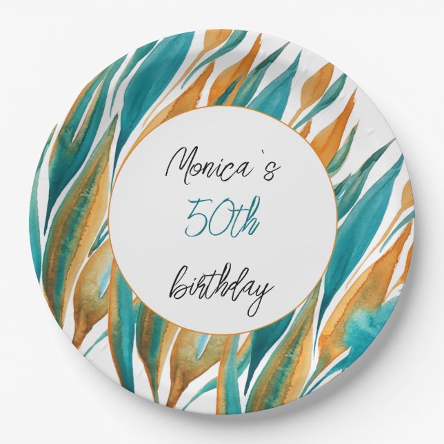 Turquoise Orange Beautiful Watercolor Personalised Paper Plate (Front)