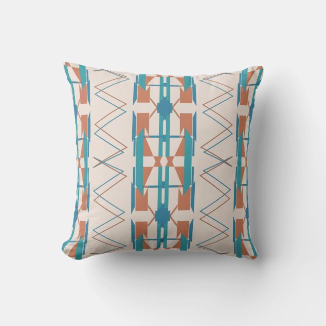 Turquoise Orange Beige Southwest Art Look Mosaic Cushion (Front)
