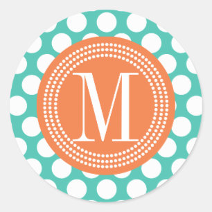 Turquoise & Orange   Big Polka Dots Monogrammed Classic Round Sticker