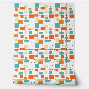 Turquoise Orange Black Squares Lines Mid Century Wallpaper