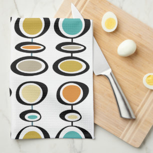 Turquoise Orange Circles Mid-Century Pattern Tea Towel
