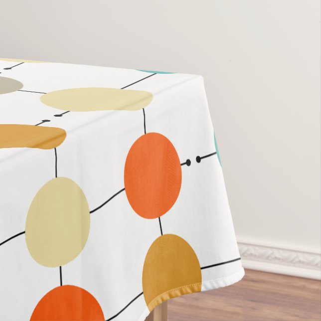 Turquoise Orange Cream Circles Mid Century Retro Tablecloth (In Situ)