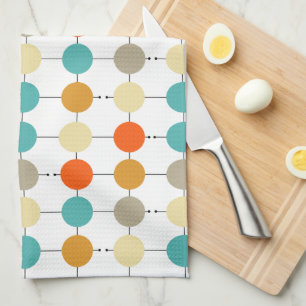 Turquoise Orange Cream Tan Circles On Black Lines Tea Towel