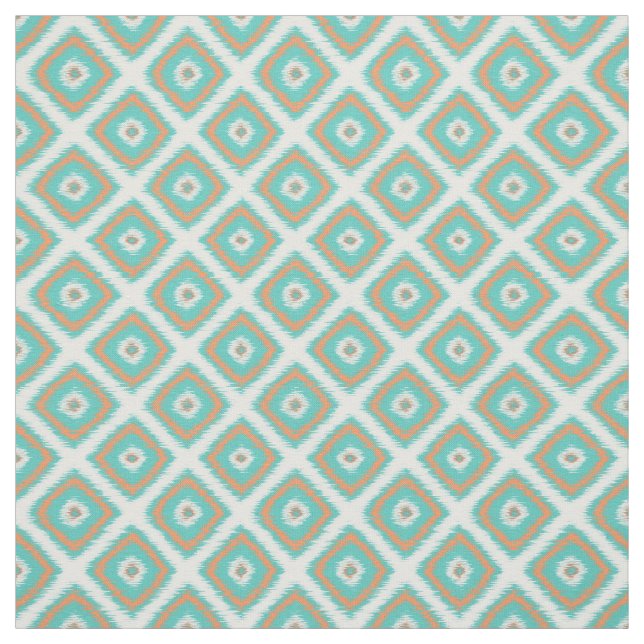Turquoise Orange Diamond Squares Ikat Pattern Fabric (Swatch)