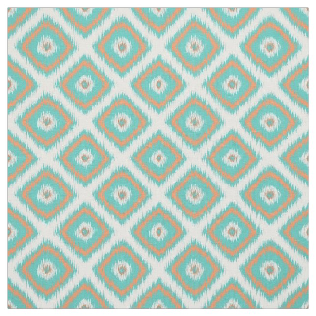 Turquoise Orange Diamond Squares Ikat Pattern Fabric (Swatch)