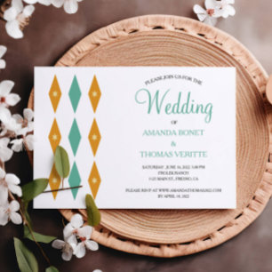 Turquoise Orange Diamond Star Mid Century Wedding Invitation