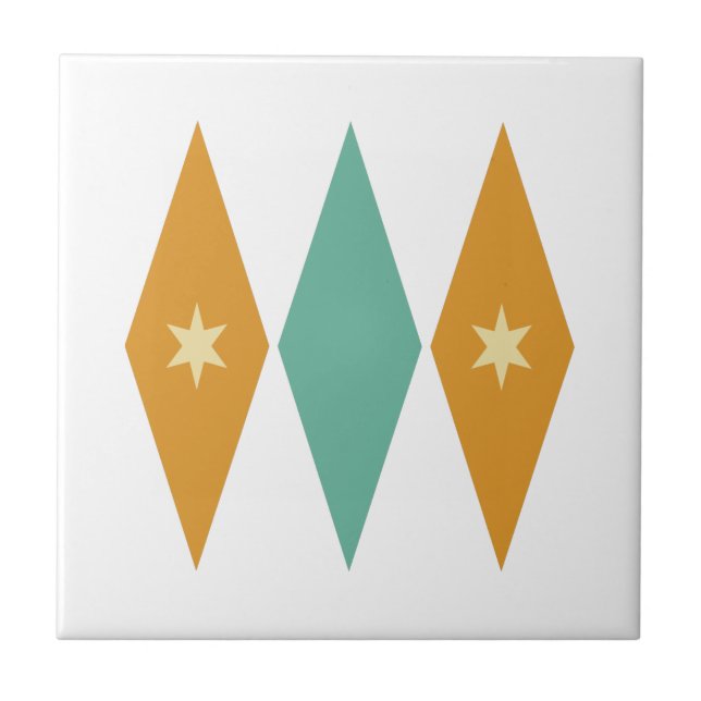 Turquoise Orange Diamonds Cream Stars Mid Century Tile (Front)