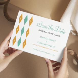 Turquoise Orange Diamonds Midcentury Save The Date Invitation