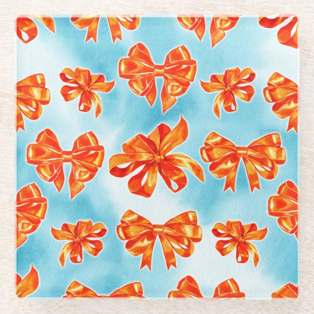 TURQUOISE & ORANGE FALL LEAVES BOWS PUMPKINS GLASS COASTER (Front)