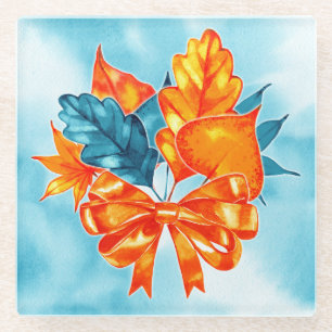 TURQUOISE & ORANGE FALL LEAVES BOWS PUMPKINS GLASS COASTER