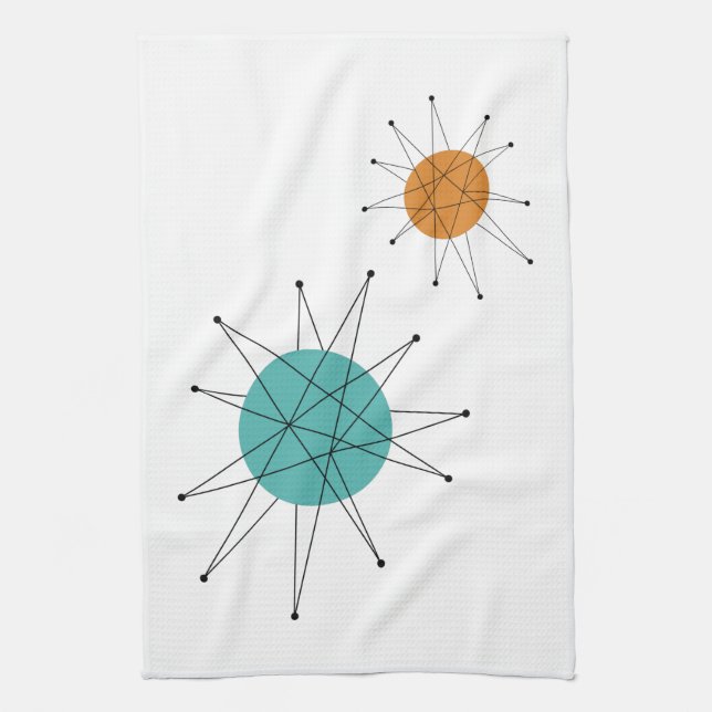 Turquoise Orange Franciscan Starburst Midcentury Tea Towel (Vertical)