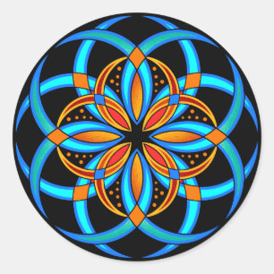 turquoise orange geometric floral mandala classic round sticker