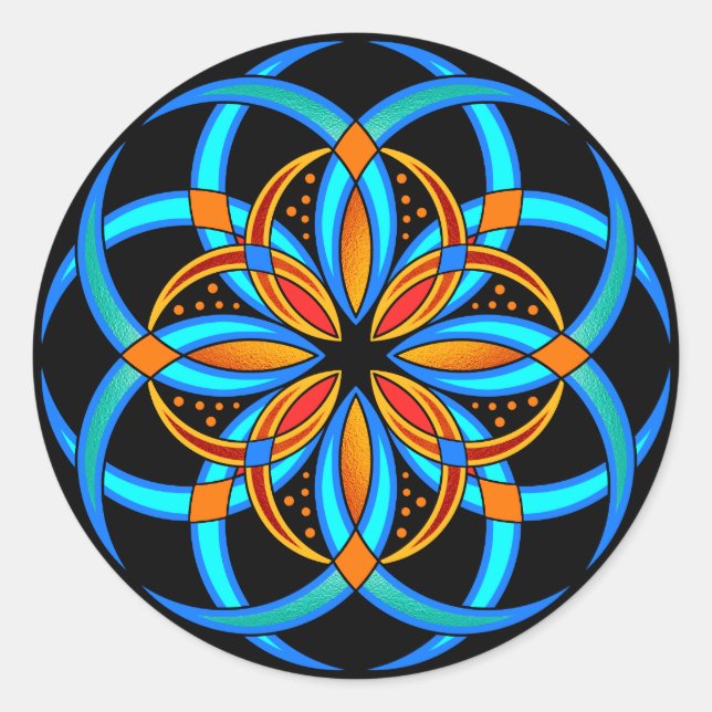 turquoise orange geometric floral mandala classic round sticker (Front)