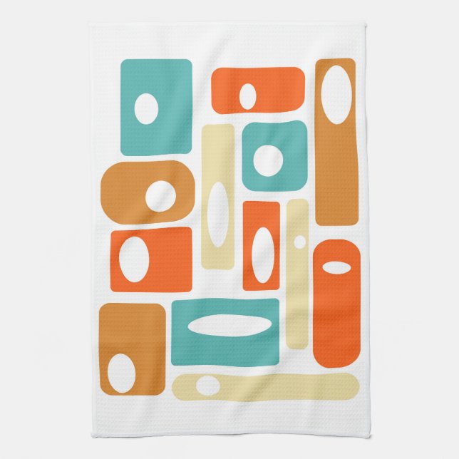 Turquoise Orange Geometric Mid Century Modern Tea Towel (Vertical)