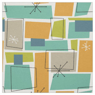 Turquoise Orange Green Rectangles Mid Century Fabric