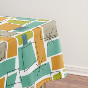 Turquoise Orange Green Squares Starburst Mid Mod Tablecloth