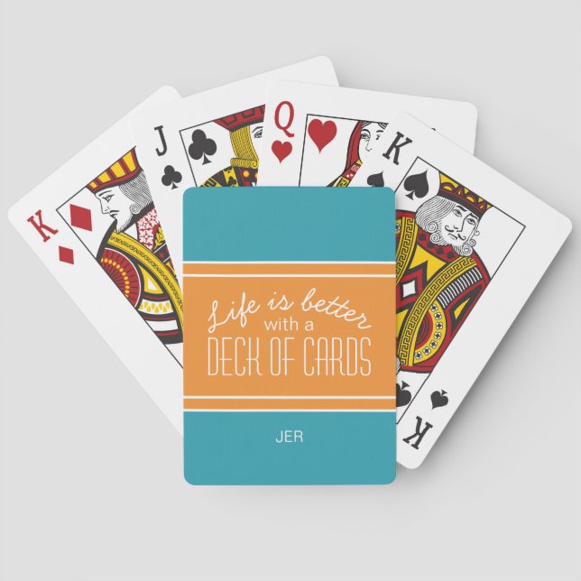 Turquoise & Orange Life Is Better Quote Initials Playing Cards (Back)