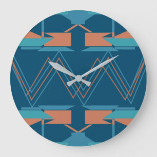 Turquoise Orange on Dark Blue Zig-zag Southwest Large Clock