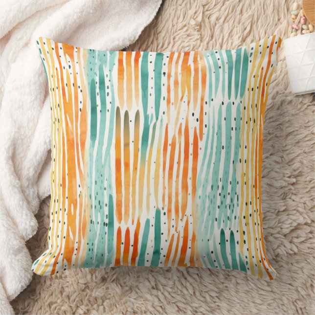 Turquoise Orange Peach Watercolor Stripes Cushion (Blanket)