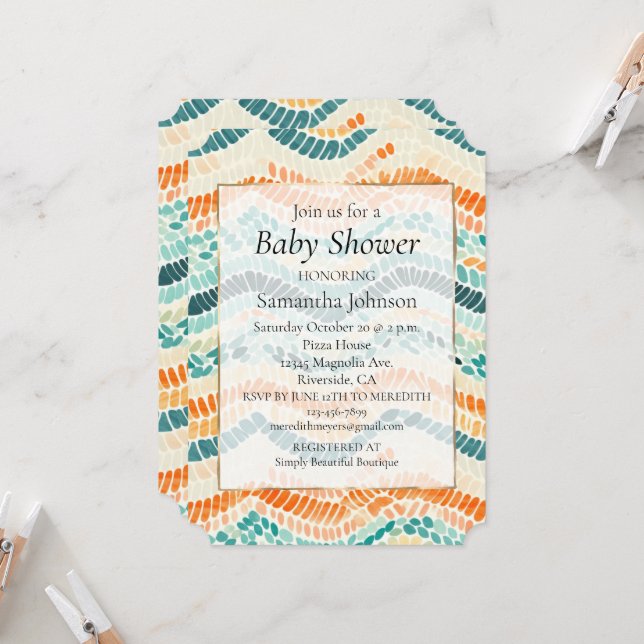 Turquoise Orange Peach Wavy Watercolor Stripes Invitation (Front/Back In Situ)