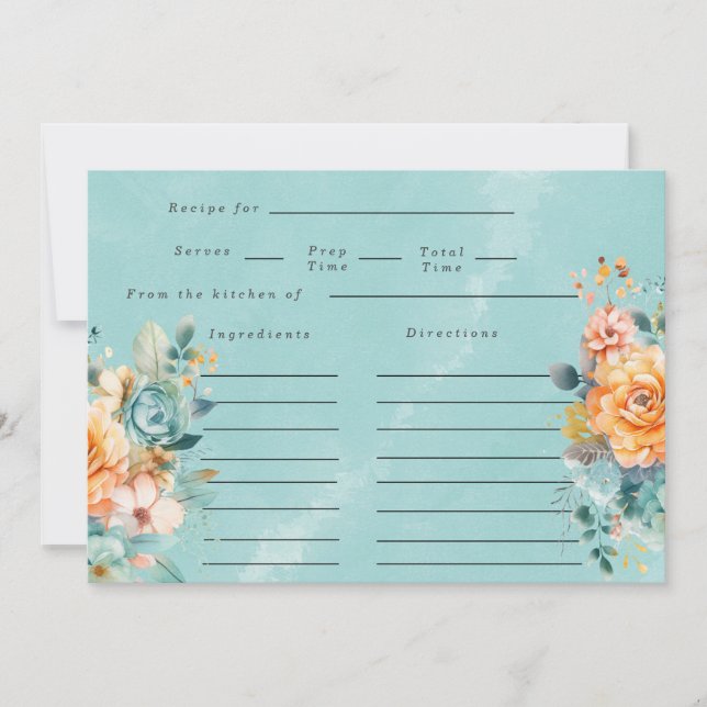 Turquoise Orange Peony Bridal Shower Recipe Card (Front)