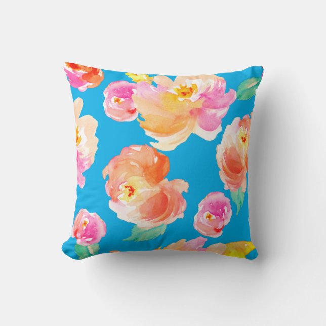 Turquoise Orange & Pink Floral Print Throw Pillow (Front)
