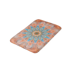 Turquoise Orange Red Hip Mandala Round Sun Pattern Bath Mat
