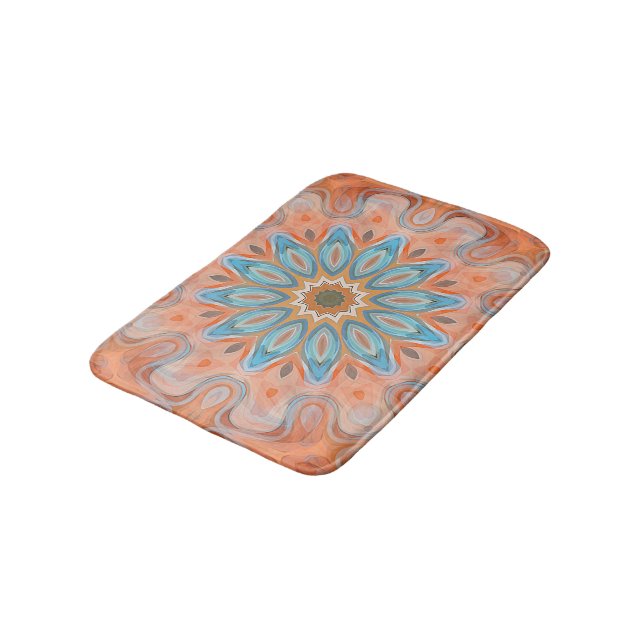 Turquoise Orange Red Hip Mandala Round Sun Pattern Bath Mat (Angled)