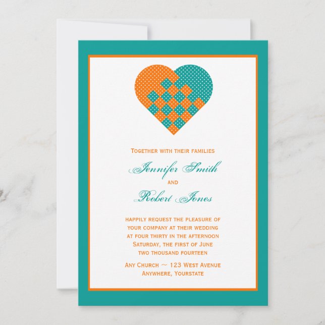 Turquoise Orange Ribbon Heart Wedding Invitation (Front)