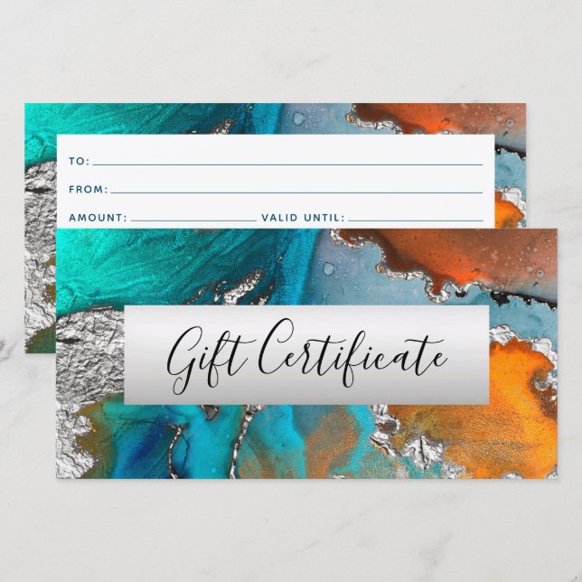 Turquoise Orange Silver Watercolor Gift Voucher (Front/Back)
