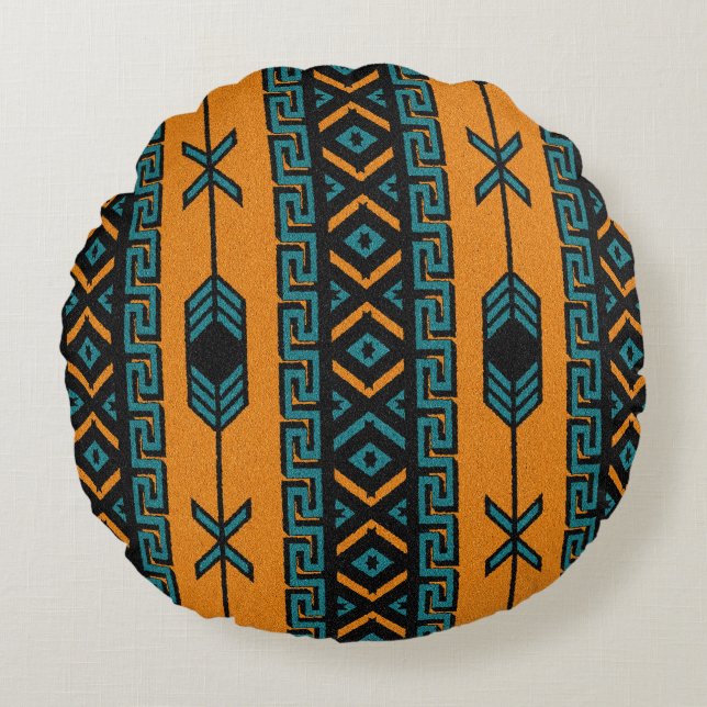 Turquoise Orange Southwest Tribal Aztec Pattern Round Cushion (Front)