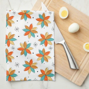 Turquoise Orange Yellow Abstract Flowers Mid Mod Tea Towel
