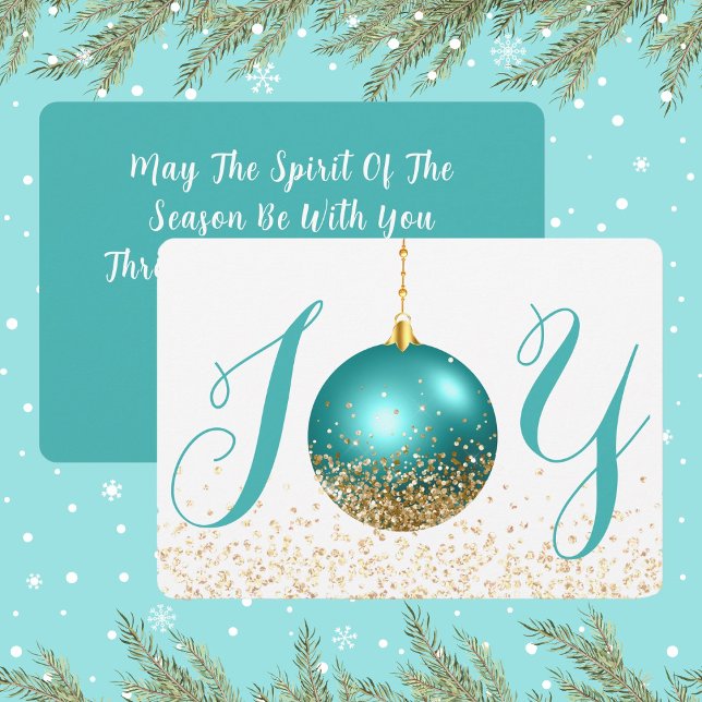Turquoise Ornament Joy Christmas Greeting Holiday Card (Joy In Turquoise and Gold Look Glitter Christmas Holiday Card)