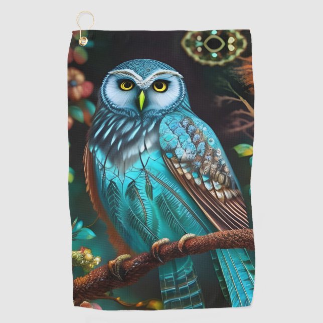 Turquoise owl golf towel (Front)