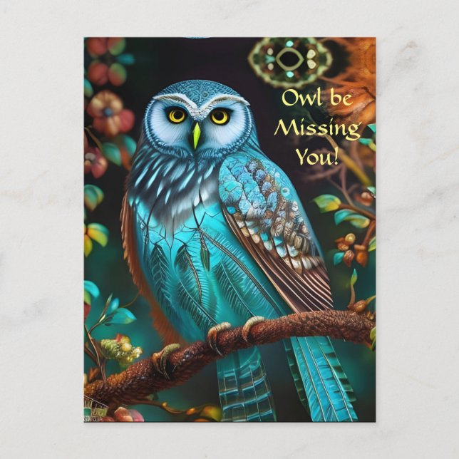 Turquoise Owl Missing you Postcard (Front)