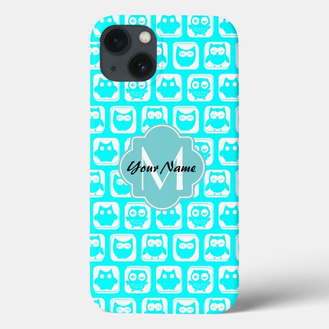 Turquoise Owl Pattern Aqua Personalised Name Case-Mate iPhone Case (Back)