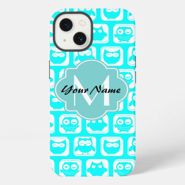 Turquoise Owl Pattern Aqua Personalised Name iPhone Case (Back)