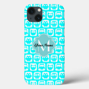 Turquoise Owl Pattern Aqua Personalized Name iPhone 13 Case