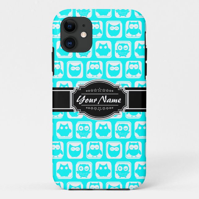 Turquoise Owl Pattern with Black Personalised Name Case-Mate iPhone Case (Back)