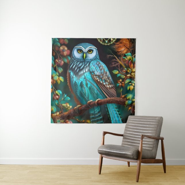 Turquoise owl tapestry (In Situ)