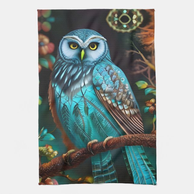 Turquoise owl tea towel (Vertical)