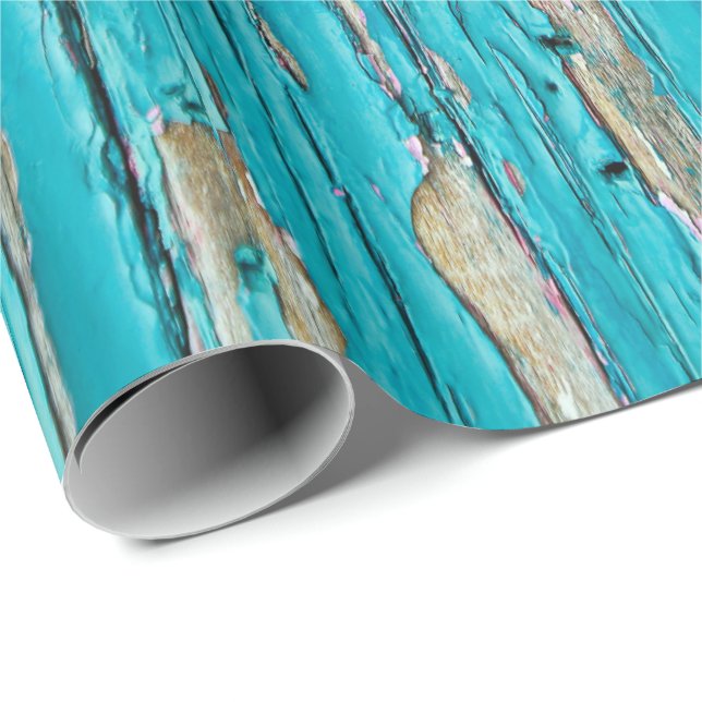 Turquoise Paint On Weathered Wood Wrapping Paper (Roll Corner)